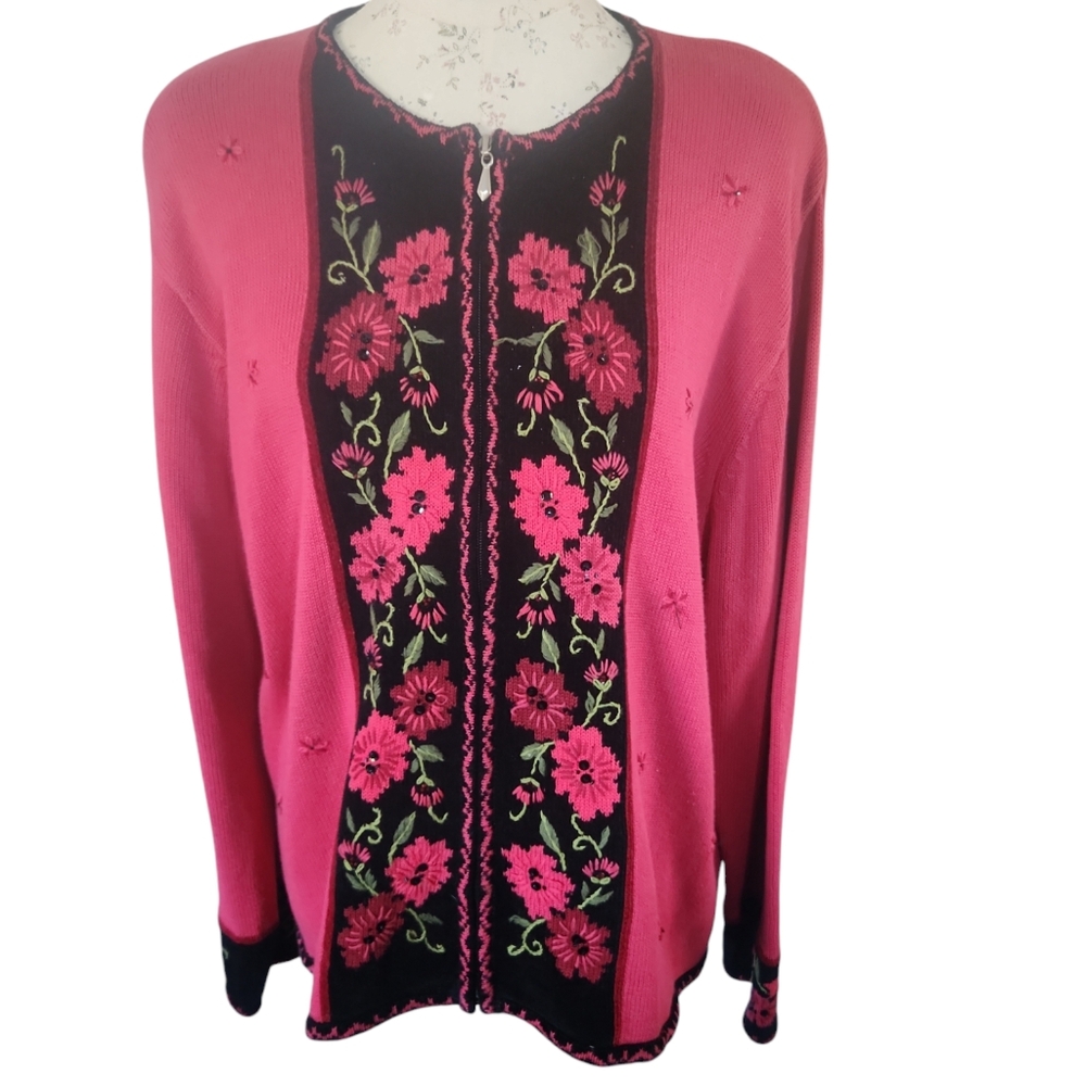 Napa Valley embroidered Poinsetta floral zipup Sweater XL